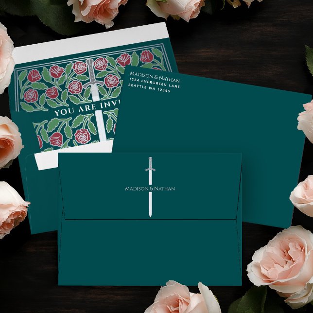 Teal Royal Medieval Silver Floral Sword Wedding Envelope (Creator Uploaded)