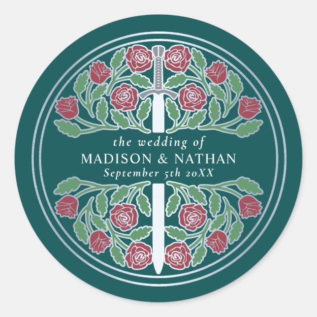 Teal Royal Medieval Silver Sword Wedding  Classic Round Sticker (Front)
