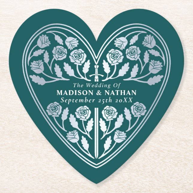 Teal Royal Medieval Silver Sword Wedding Paper Coaster (Front)