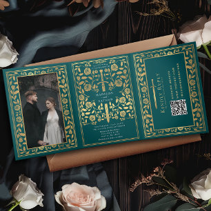 Teal Royal Medieval Sword Wedding QR Code Tri-Fold Invitation