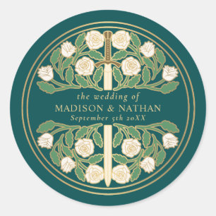 Teal Royal Medieval White Floral Sword Wedding Classic Round Sticker