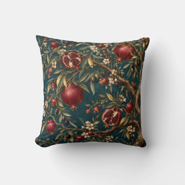 Teal Ruby Pomegranate Orchard Throw Pillow (Front)