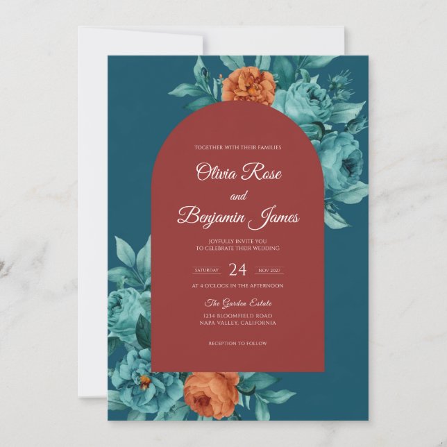 Teal Rust Bloom Wedding Invitation (Front)