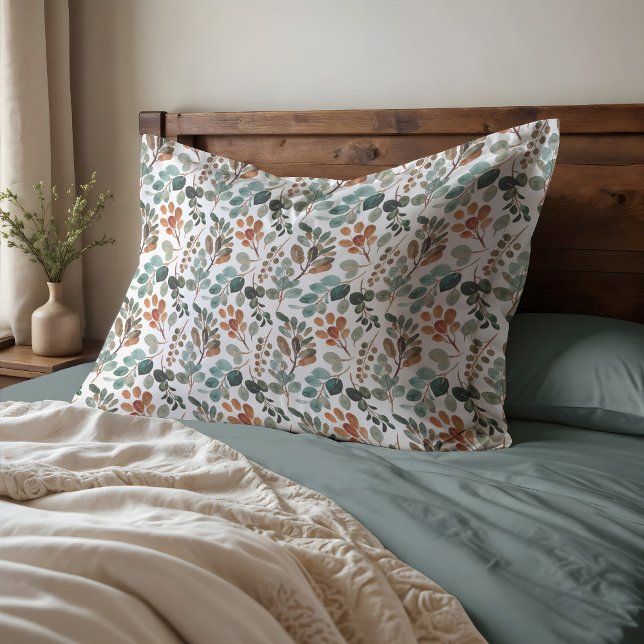 Teal Rust Sage Green Brown Leaves Autumn Pillowcase (Teal, rust, and sage leaves pillowcase)