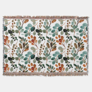 Teal Rust Sage Green Brown Leaves Autumn Throw Blanket