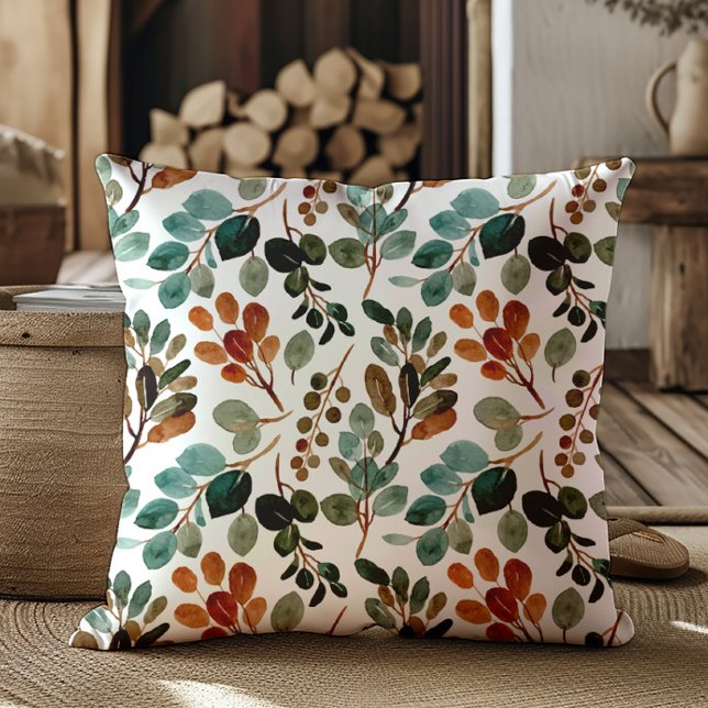 Teal Rust Sage Green Brown Leaves Autumn Throw Pillow (Elegant teal, rust, sage green, and brown leaves decorator pillow)