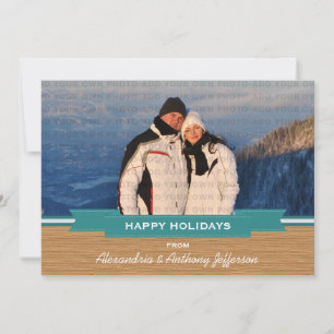 Teal Rustic Banner Holiday Photo Flat Card