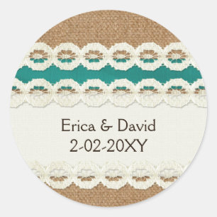 Teal Rustic burlap and lace country wedding Classic Round Sticker