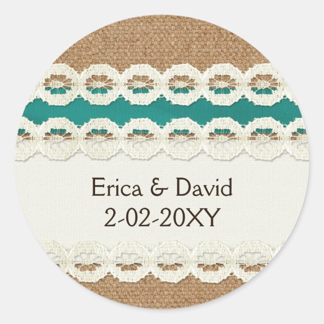 Teal Rustic burlap and lace country wedding Classic Round Sticker (Front)