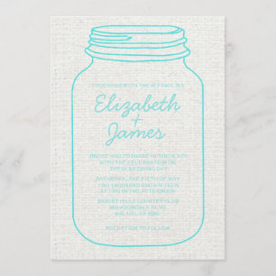 Teal Rustic Burlap Mason Jar Wedding Invitations