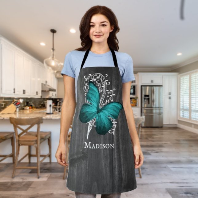 Teal Rustic Butterfly Personalized Apron (Teal Rustic Butterfly Personalized Apron)