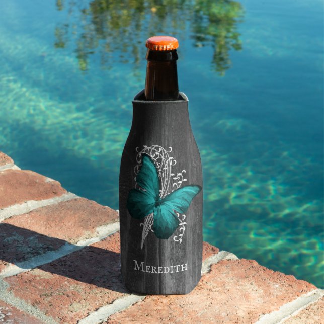 Teal Rustic Butterfly Personalized Bottle Cooler (In Situ Pool)