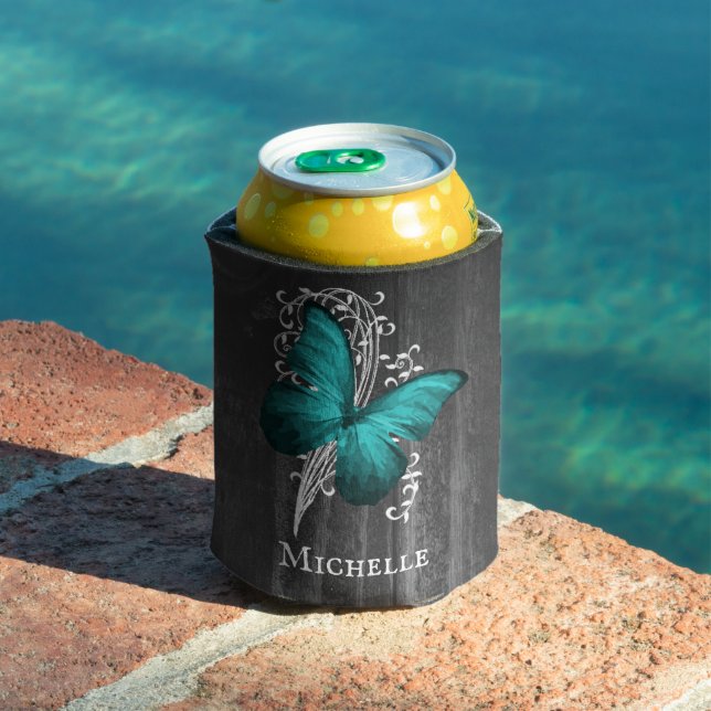 Teal Rustic Butterfly Personalized Can Cooler (In Situ Pool)