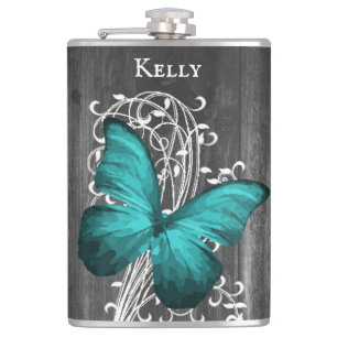 Teal Rustic Butterfly Personalized Flask