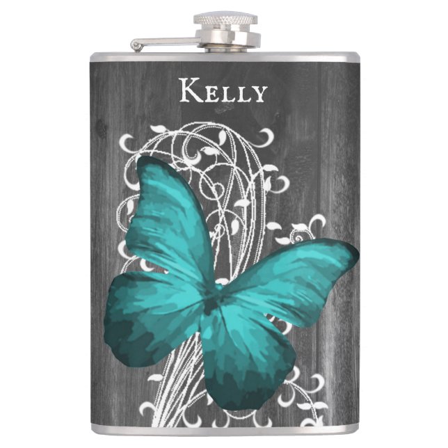 Teal Rustic Butterfly Personalized Flask (Front)