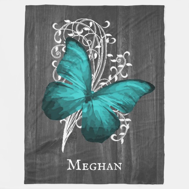 Teal Rustic Butterfly Personalized Fleece Blanket (Front)