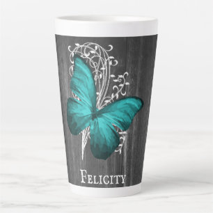 Teal Rustic Butterfly Personalized Latte Mug