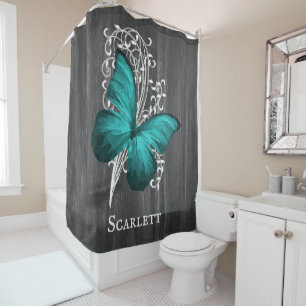 Teal Rustic Butterfly Personalized Shower Curtain