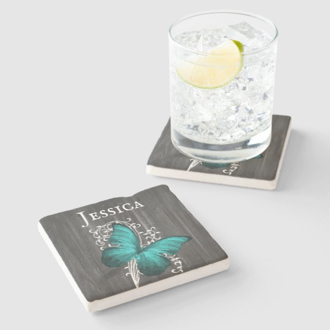 Teal Rustic Butterfly Personalized Stone Coaster (Side)