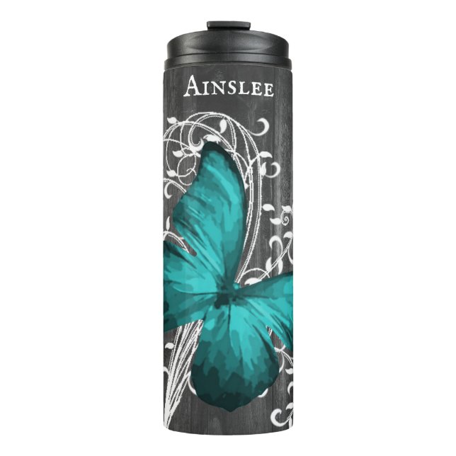 Teal Rustic Butterfly Personalized Thermal Tumbler (Front)