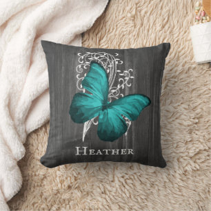 Teal Rustic Butterfly Personalized Throw Pillow