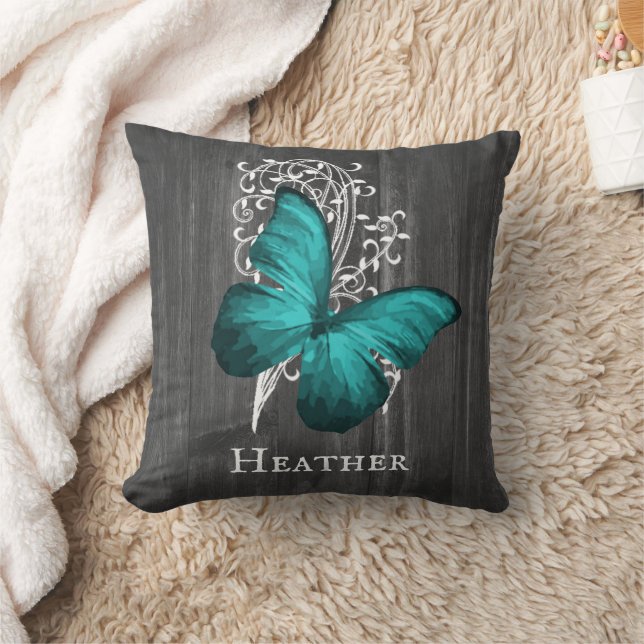 Teal Rustic Butterfly Personalized Throw Pillow (Blanket)