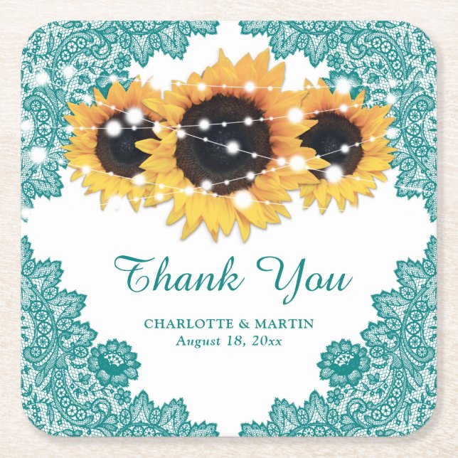 Teal Rustic Chic Lace Sunflower Wedding Square Paper Coaster (Front)