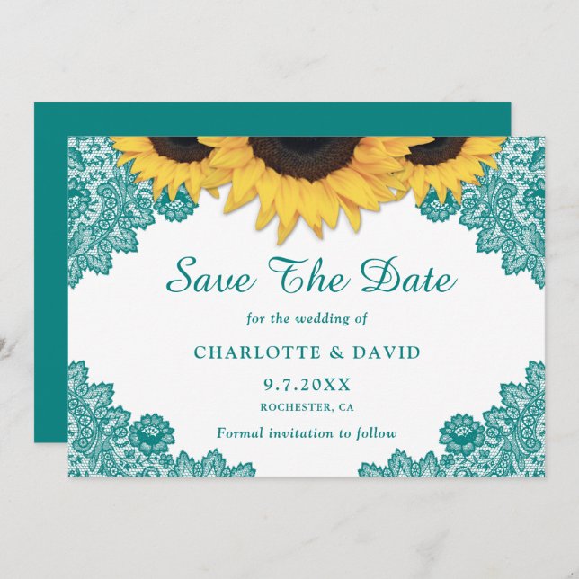 Teal Rustic Chic Sunflower Lace Wedding Save The Date (Front/Back)