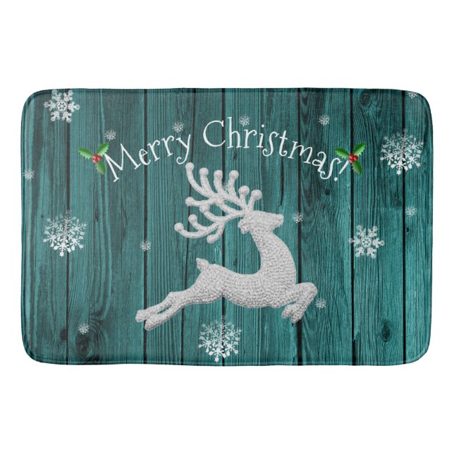 Teal Rustic Christmas Reindeer Bath Mat (Front)