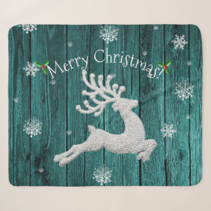 Teal Rustic Christmas Reindeer Sherpa Blanket