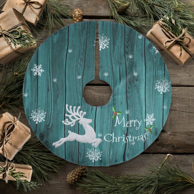 Teal Rustic Christmas Reindeer Tree Skirt (Teal Rustic Christmas Reindeer Holiday Tree Skirt)