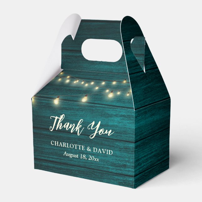 Teal Rustic Country Wood String Lights Wedding Favor Box (Front Side)