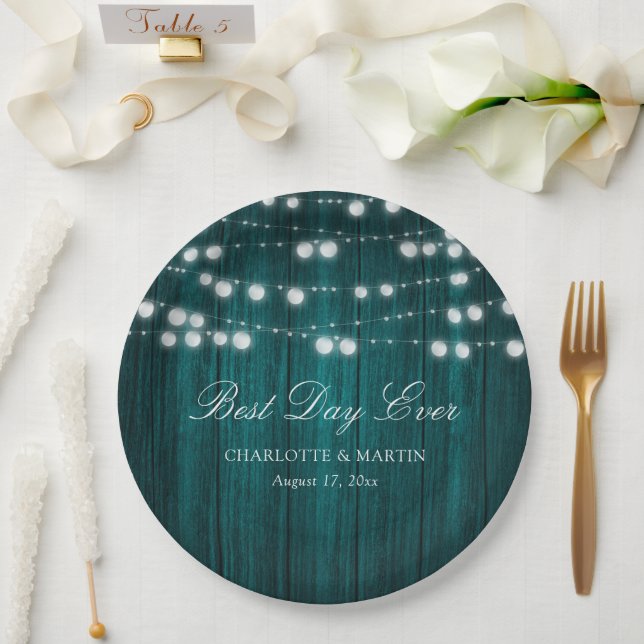 Teal Rustic Country Wood String Lights Wedding Paper Plate (Wedding)