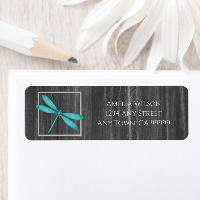Teal Rustic Dragonfly Return Address Label (Insitu)