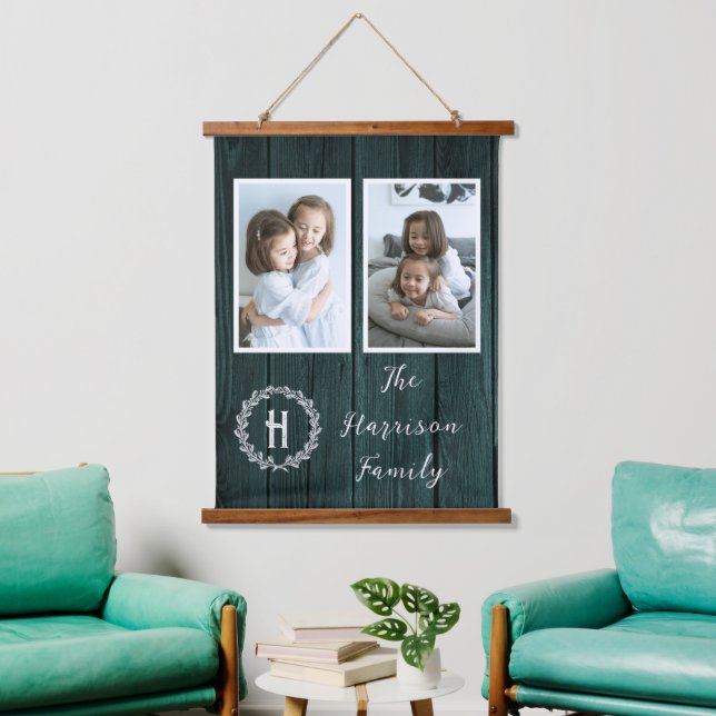 Teal Rustic Family Monogram Photo Hanging Tapestry (Living Room)
