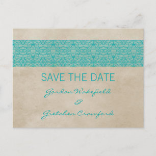 Teal Rustic Lace Save the Date Postcard