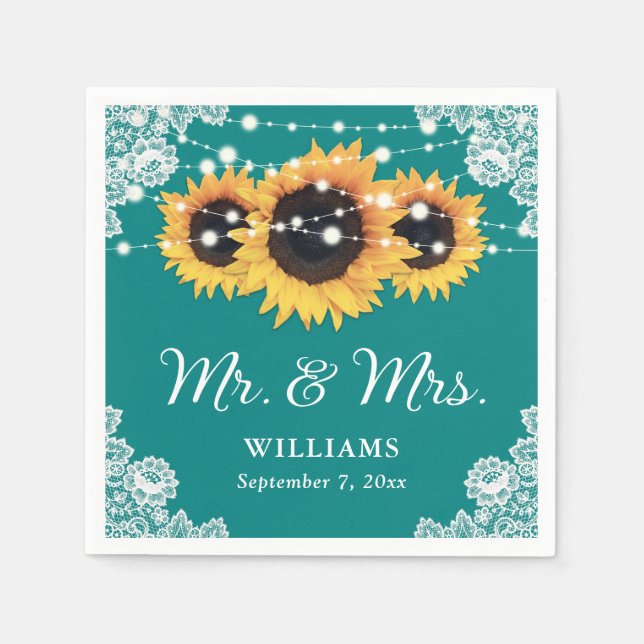 Teal Rustic Lace Sunflower Mr and Mrs Wedding Napkin (Front)