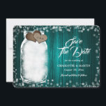 Teal Rustic Mason Jar String Lights Wood Wedding Save The Date<br><div class="desc">Rustic teal wedding save the date card featuring a mason jar with string lights and adorned with two burlap hearts on a barn wood background. Easily personalize this romantic rustic teal wedding save the date online. Matching items available to complement this teal wedding save the date.</div>