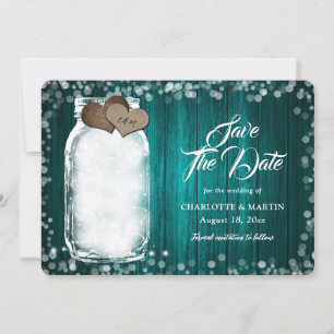 Teal Rustic Mason Jar String Lights Wood Wedding Save The Date