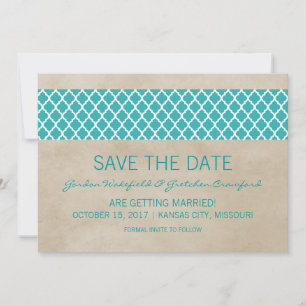 Teal Rustic Quatrefoil Save the Date Invite