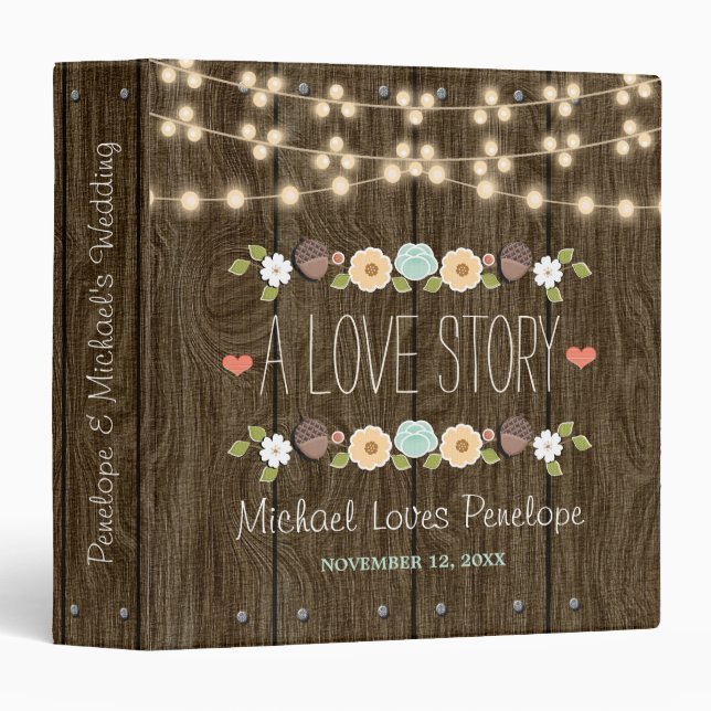 Teal Rustic String of Lights Floral Wedding Binder (Front/Spine)