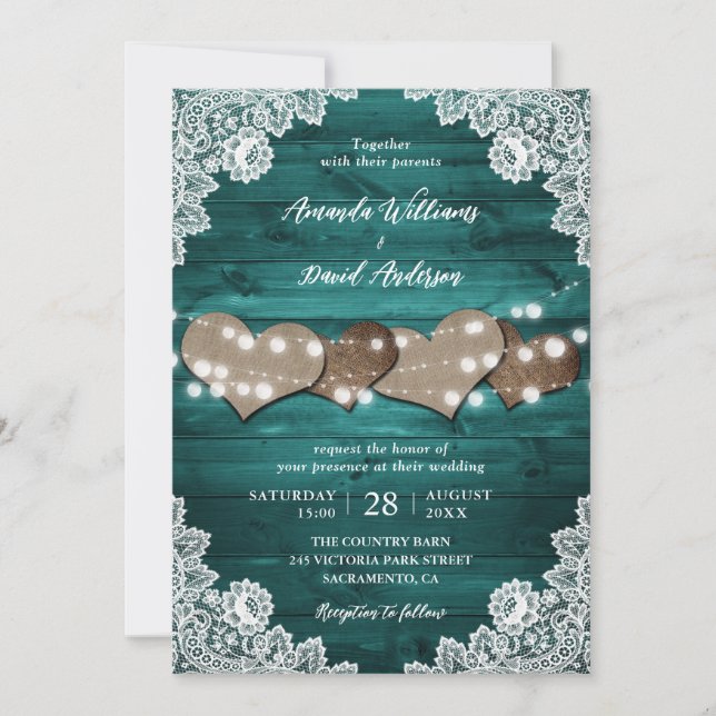 Teal Rustic Wood Burlap Hearts Lace Wedding Invitation (Front)
