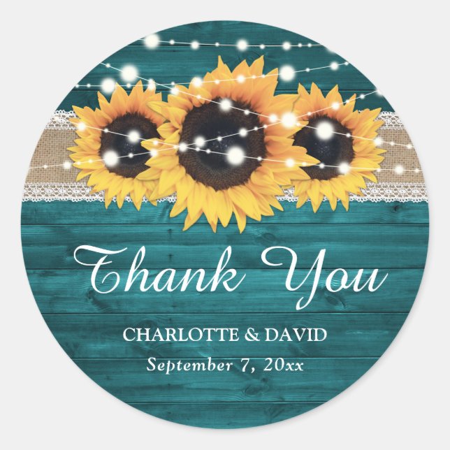 Teal Rustic Wood Burlap Lace Sunflower Classic Round Sticker (Front)