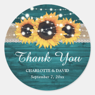 Teal Rustic Wood Burlap Lace Sunflower Classic Round Sticker