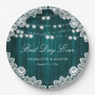 Teal Rustic Wood Lace String Lights Wedding Paper Plate