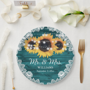 Teal Rustic Wood Lace Sunflower Wedding Paper Plate