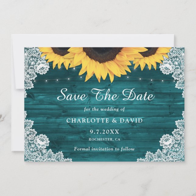 Teal Rustic Wood Lace Sunflower Wedding Save The Date (Front)