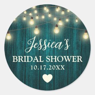 Teal Rustic Wood Lights Wedding Bridal Shower Classic Round Sticker