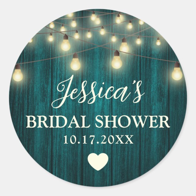Teal Rustic Wood Lights Wedding Bridal Shower Classic Round Sticker (Front)