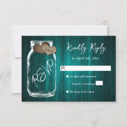 Teal Rustic Wood Mason Jar Burlap Hearts Wedding RSVP Card